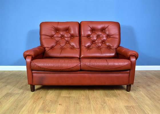 Vintage Danish Red Leather High Back 2 Seater Sofa