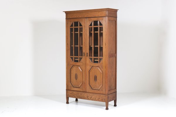 Dutch Arts Crafts Oak Bookcase With Beveled Glass 1900s For