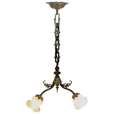 Art Nouveau Two Light Brass And Glass, Two Light Pendant Chandelier