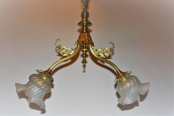 Art Deco Hänge Lampe Decken Glas Leuchte Messing Jugendstil Bernstein 
