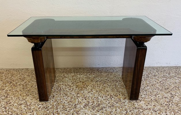 Art Deco Italian Walnut Macassar Desk With Glass Top 1940s For