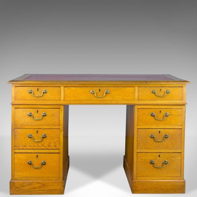 Antique Victorian English Golden Oak Leather Pedestal Desk