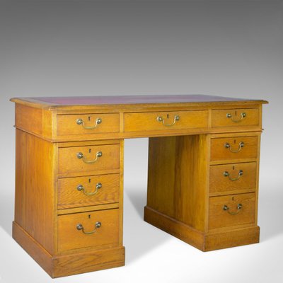 Antique Victorian English Golden Oak Leather Pedestal Desk