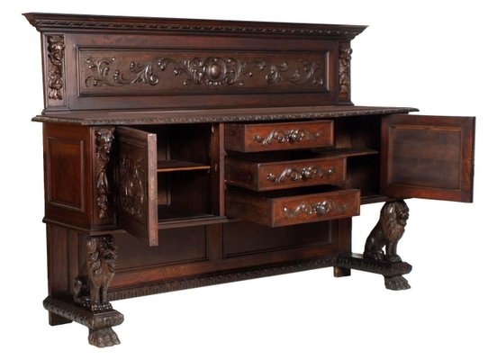 19th Century Hand Carved Walnut Credenza 1880s