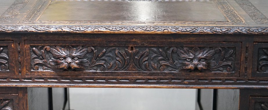 Large Antique Edwardian Hand Carved Oak Desk