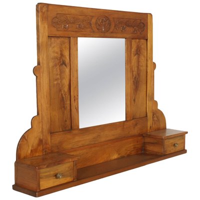 Art Nouveau Walnut Wall Mirror With Shelf Two Drawers 1910s For