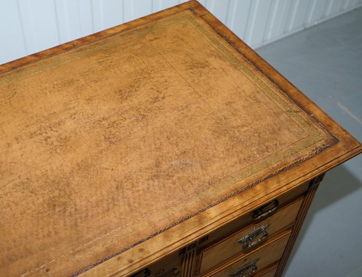 Victorian Satinwood Brown Leather Twin Pedestal Partner Desk