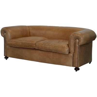 Vintage Victorian Style Brown Leather Sofa 1930s