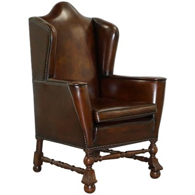 Antique Dutch Brown Leather Wingback Chair For Sale At Pamono