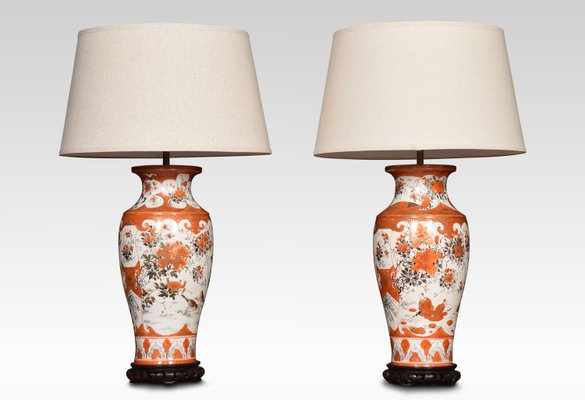 19th Century Chinese Porcelain Orange Ground Vase Lamps Set Of 2