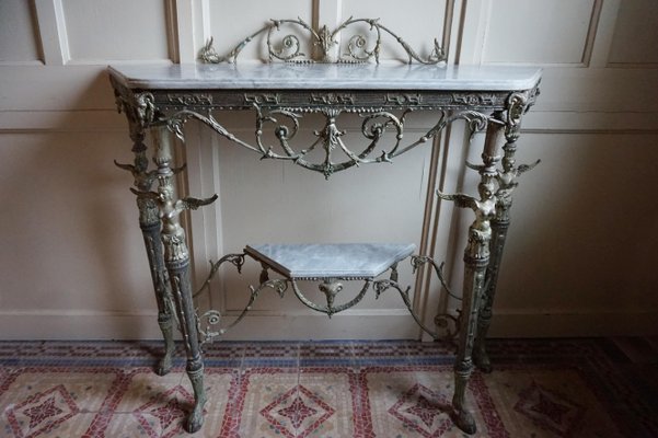 Antique Egyptian Revival Silvered Ormolu Marble Console Table