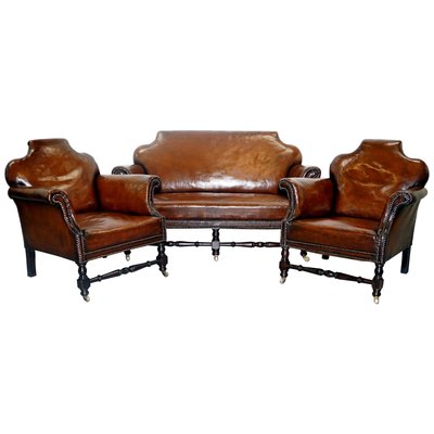 Small Victorian Leather Set With Club Sofa 2 Armchairs