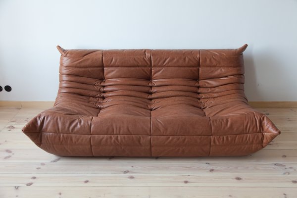 Vintage Kentucky Brown Leather Togo Sofa By Michel Ducaroy For Ligne Roset