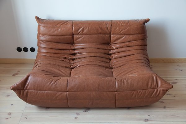 Vintage Cky Brown Leather Togo, Ligne Roset Leather Sofa