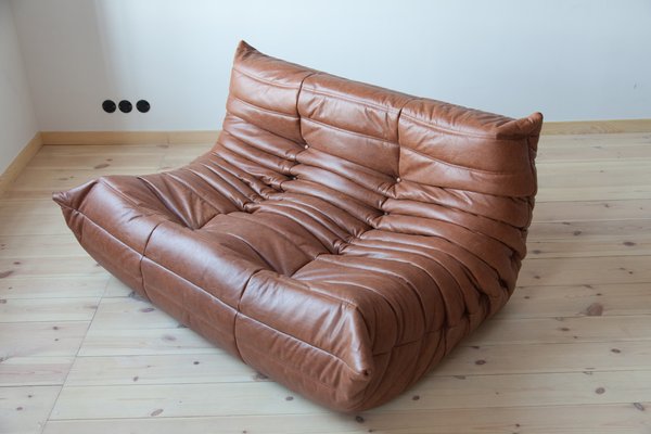Vintage Kentucky Brown Leather Togo Sofa By Michel Ducaroy For Ligne Roset