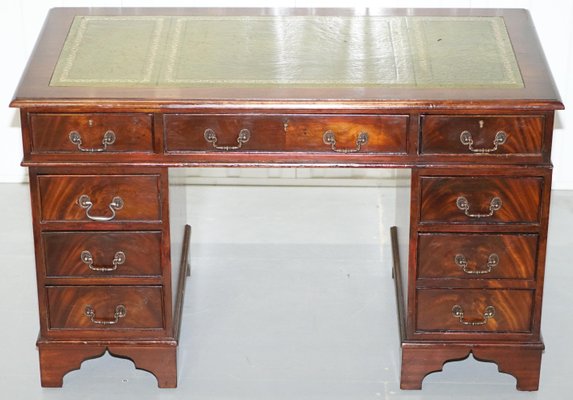 Antique Flamed Mahogany Pedestal Partner Desk With Green Leather Top Antique Flamed Mahogany Pedestal Partner Desk With Green Leather Top 3