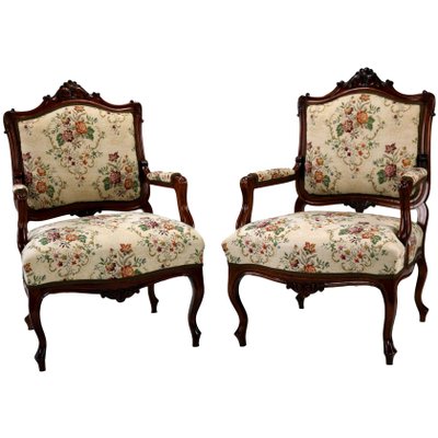 Louis Xv Rococo Style Carved Walnut Armchairs 1860s Set Of 2 For