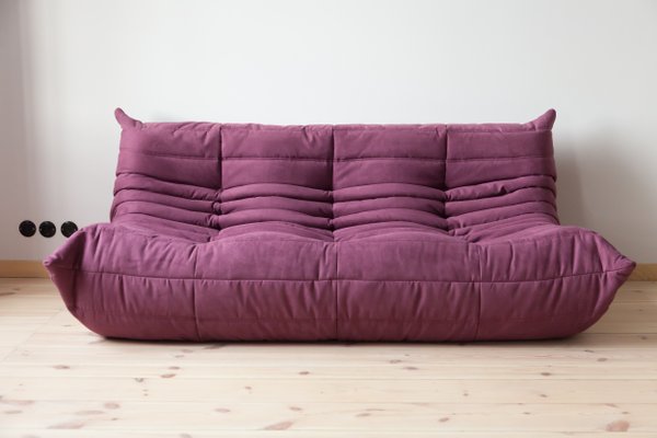 Togo Aubergine Microfiber 3 Seater Sofa By Michel Ducaroy For Ligne Roset 1970s