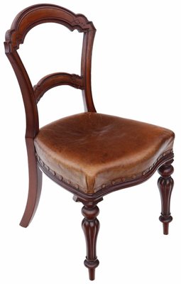 Antique Victorian Leather Walnut Balloon Back Dining Chairs