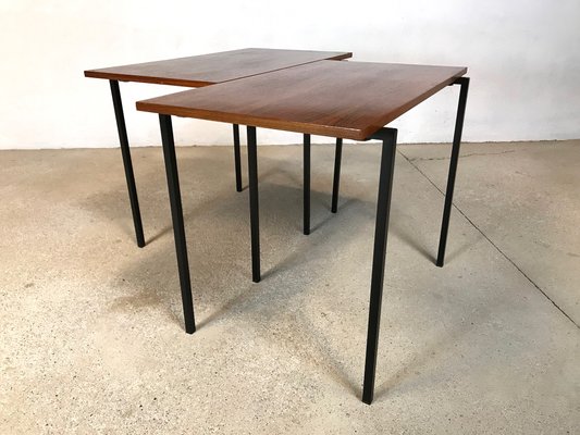Minimalist Walnut Steel Stacking Side Tables 1960s Set Of 2 For Minimalist Walnut Steel Stacking Side Tables 1960s