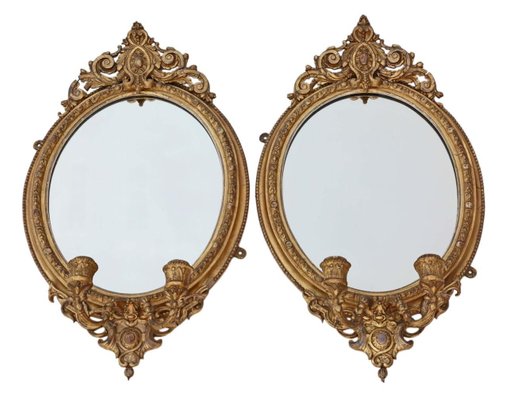 Antique Gilt Girandole Wall Mirrors Set Of 2