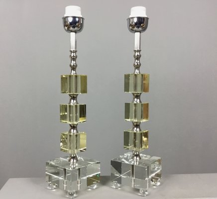 Swedish Glass Cube Table Lamps 1970s, Mirror Glass Cube Table