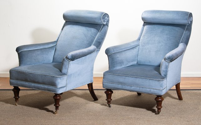 Ice Blue Velvet Dorothy Draper Style Lounge Chairs 1900s Set Of