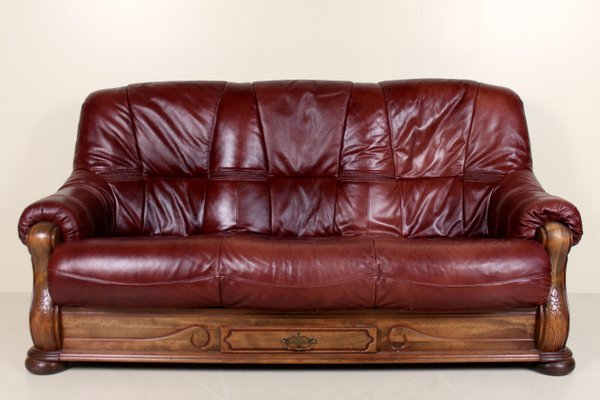 Set With Oak And Burgundy Leather Sofa Armchair 1960s