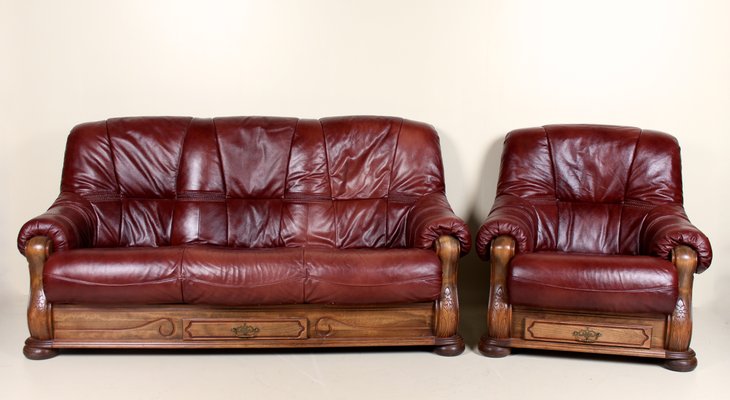 Set With Oak And Burgundy Leather Sofa Armchair 1960s
