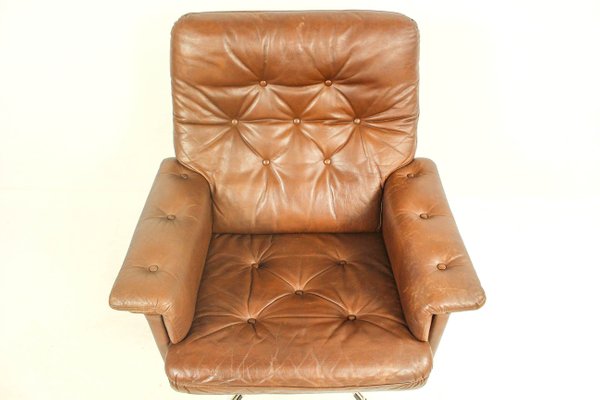 Vintage Leather Swivel Chair Ottoman Set 1970s For Sale At Pamono