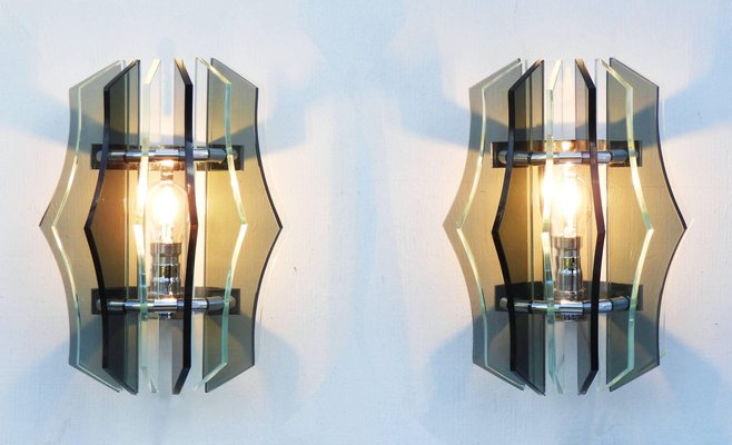 Midcentury Italian Smoked Glass Wall Lights From Veca 1970s Set Midcentury Italian Smoked Glass Wall