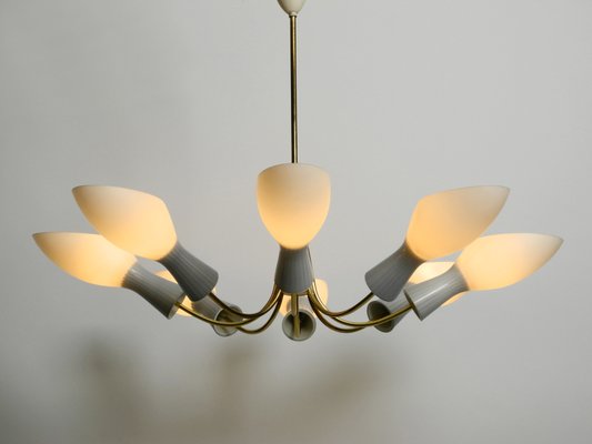Two Midcentury Chandeliers with Opal Glass & Black & Copper Two Midcentury Chandeliers with Opal Glass & Black & Copper