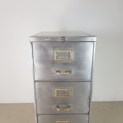 Vintage Polished Steel 4 Drawer Filing Cabinet With Brass Handles