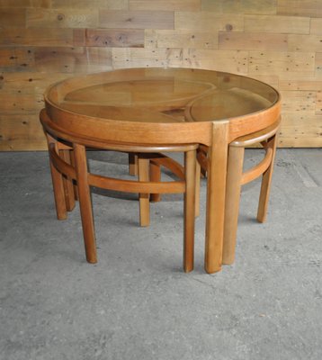 貴重 UK Vintage NATHAN Glass Nest Table Retro Light Teak Circular Glass Top Coffee Table / Nest of
