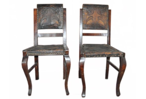 Antique Embossed Leather Dining Chairs, Leather Wood Chair Dining