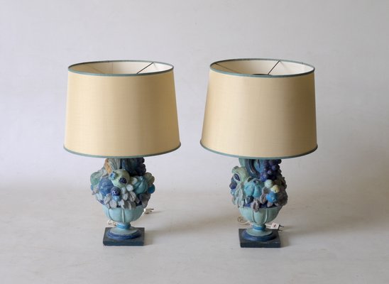 Lampes De Bureau En Bois Sculpte Et Stuc Bleu Italie 1960s Set De 2 En Vente Sur Pamono