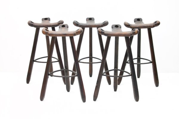 Spanish Brutalist Solid Wood Bar Stools 1960s Set Of 5 Spanish Brutalist Solid Wood Bar Stools 1960s Set Of 5
