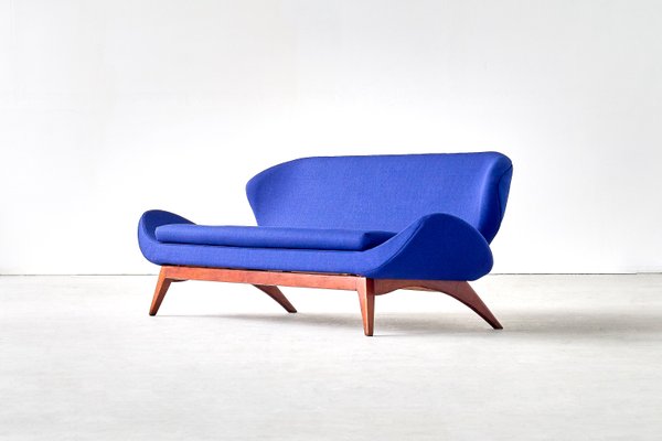 Walnut Blue Fabric Sofa By Luigi Tiengo For Cimon Montréal 1963