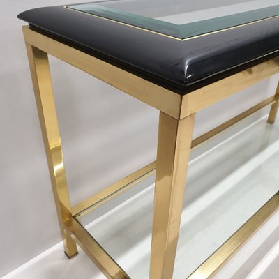 Vintage Brass 2 Tier Console Table With Black Lucite Glass Top