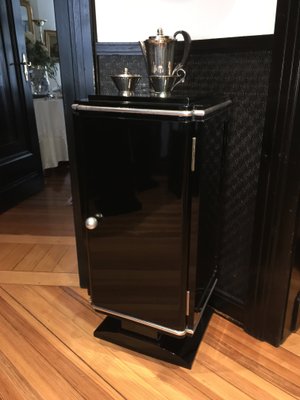 Small Art Deco Black Cabinet With High Gloss Silver Elements For