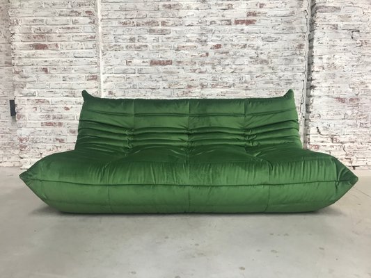 Large Mid Century Togo Forest Green Sofa By Michel Ducaroy For Ligne Roset 1970s