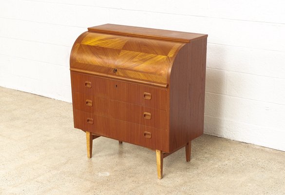 Mid Century Teak Wood Rolltop Secretary Desk By Egon Ostergaard