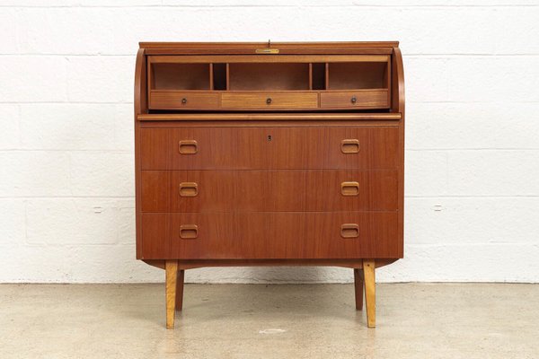 Mid Century Teak Wood Rolltop Secretary Desk By Egon Ostergaard