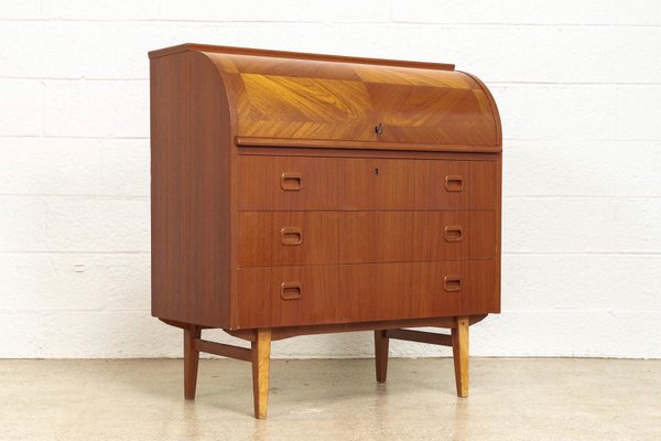 Mid Century Teak Wood Rolltop Secretary Desk By Egon Ostergaard