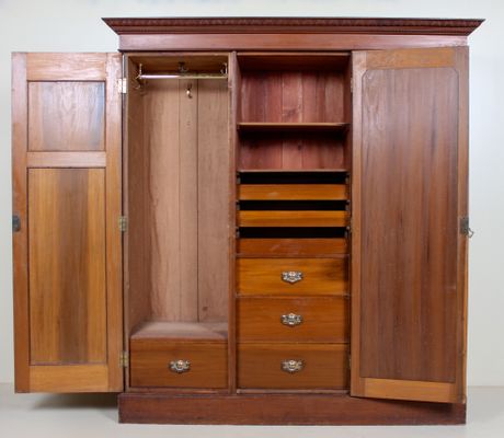 Large Antique Edwardian Carved Walnut Compactum Triple Wardrobe