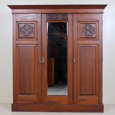 Large Antique Edwardian Carved Walnut Compactum Triple Wardrobe
