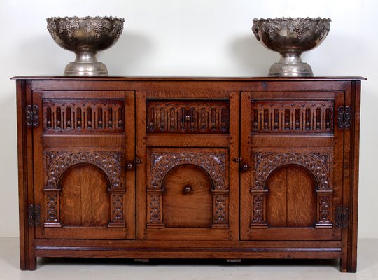 Vintage Arts Crafts Style Carved Oak Sideboard
