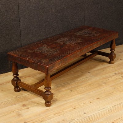 Vintage Spanish Wood Leather Bench For Sale At Pamono