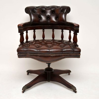 Victorian Style Mahogany Leather Captains Desk Chair 1950s
