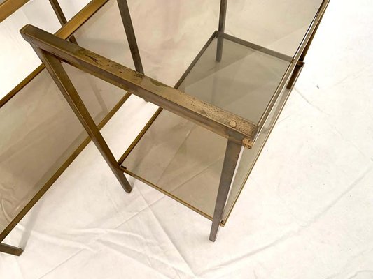 Vintage Rectangular Two Tier Brass Smoked Glass End Tables Set